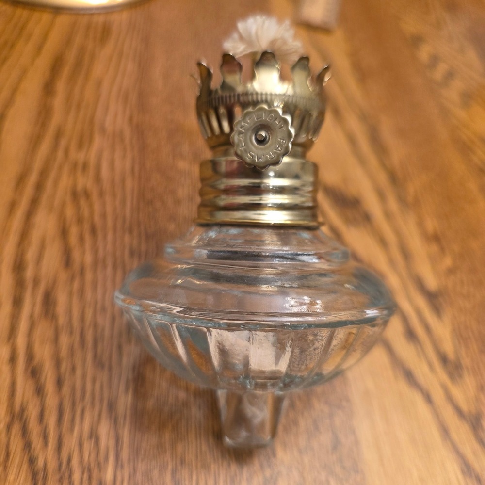 Lamplight Farms Miniature Clear Ribbed Glass Peg Oil Lamp Brass Burner 4.5 Inch